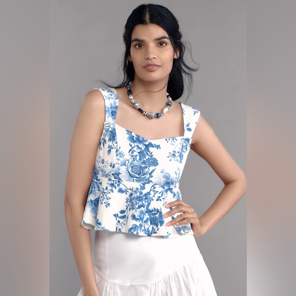 Anthropologie‎ Maeve Women's Small Blue Floral Square Neck Peplum Crop Tank Top